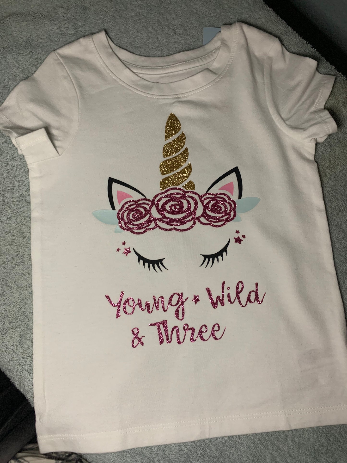 Unicorn Young Wild and Three Birthday T-shirt