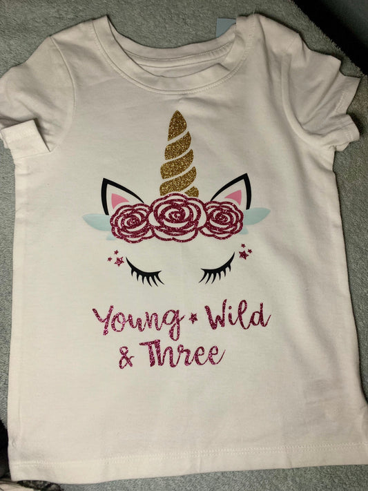 Unicorn Young Wild and Three Birthday T-shirt
