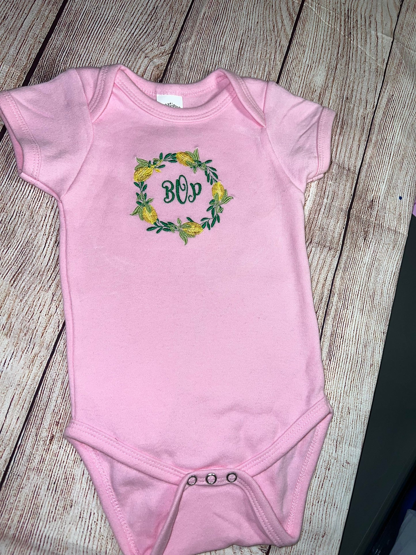 Onesie Embroidered Lemon Wreath Monogram