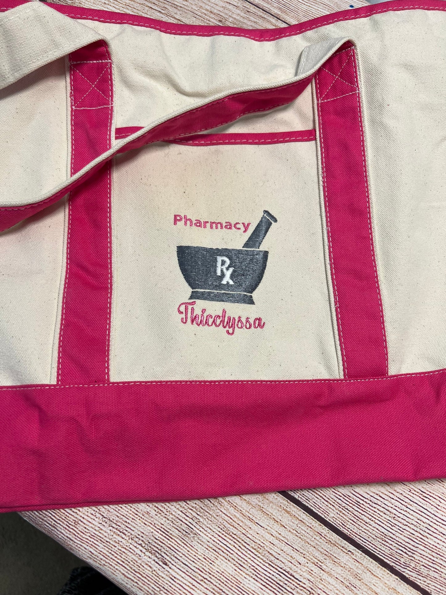 Pharmacy Tote bag mortar and pestle and Rx symbol.