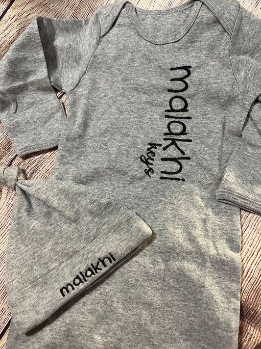 Baby gown w/ baby’s name on side and hat
