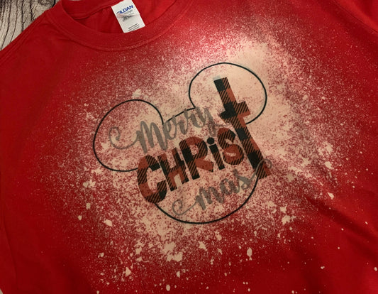 Merry Christ-mas Buffalo Print with Mickey Outline T-shirt