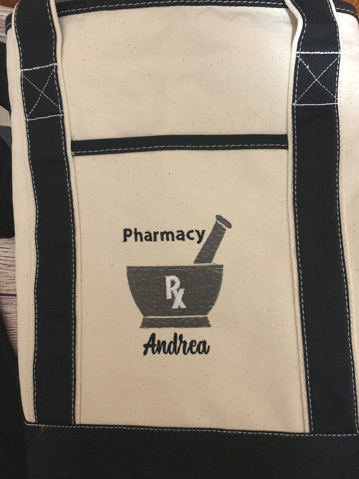 Pharmacy Tote bag mortar and pestle and Rx symbol.