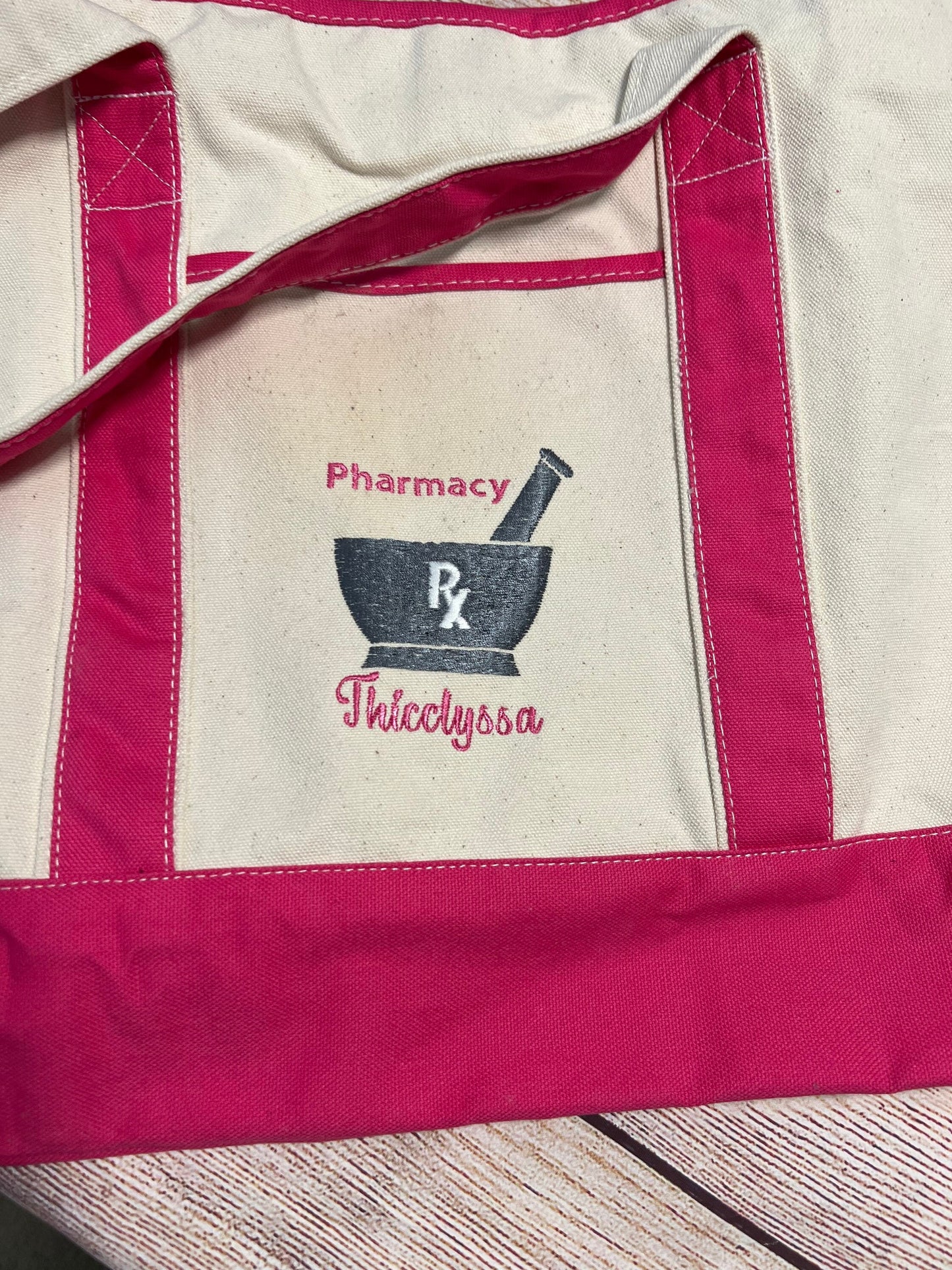 Pharmacy Tote bag mortar and pestle and Rx symbol.