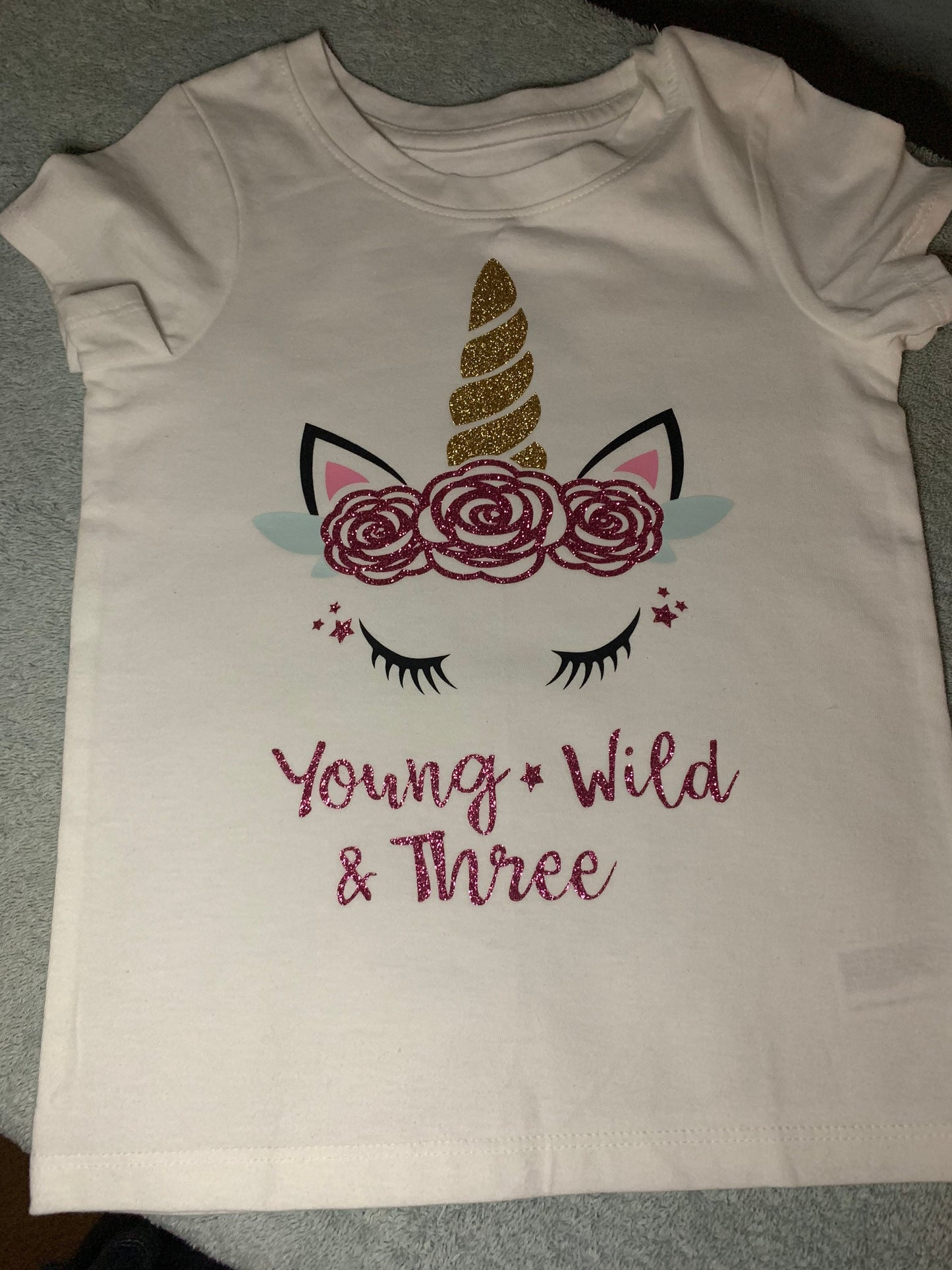 Unicorn Young Wild and Three Birthday T-shirt