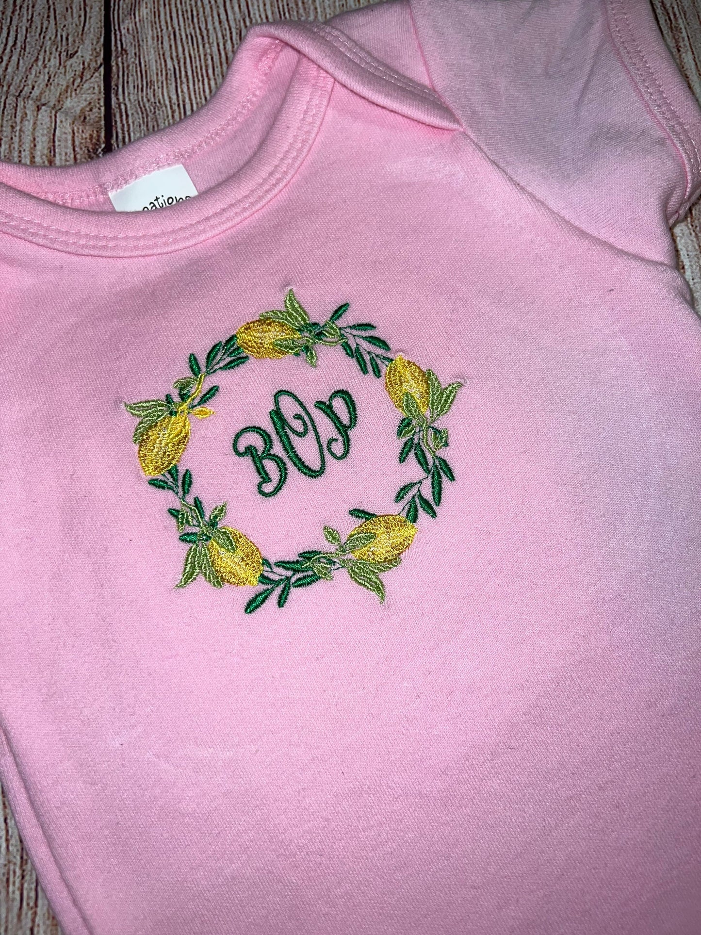 Onesie Embroidered Lemon Wreath Monogram