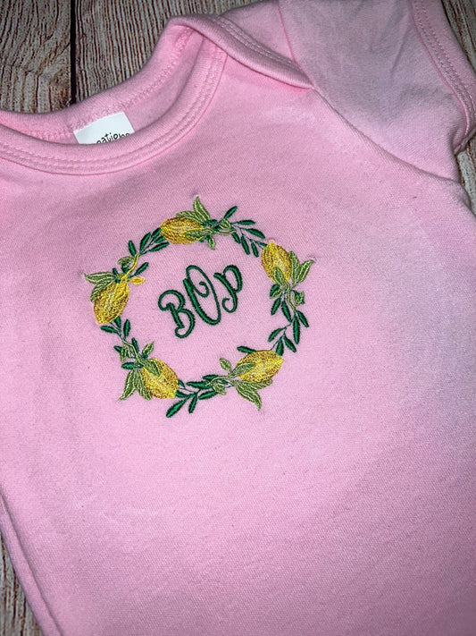 Onesie Embroidered Lemon Wreath Monogram